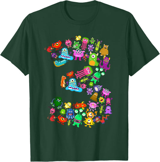 Little Monster 3 Three Years Old 3rd Birthday Party Monsters T-Shirt - T-Shirt | Forest