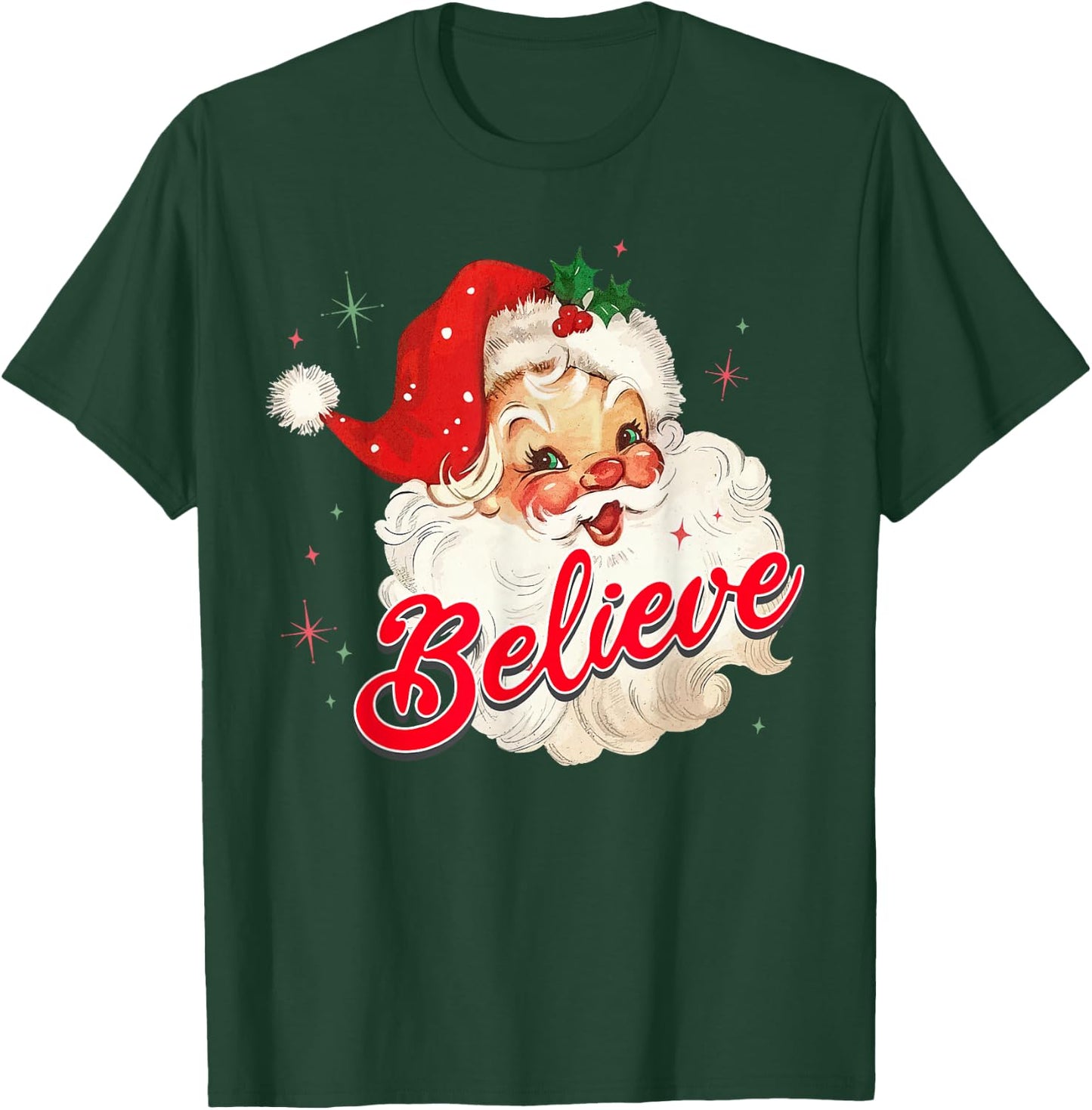 Vintage Santa Claus Believe Christmas Women Boys Girls T-Shirt - T-Shirt | Forest