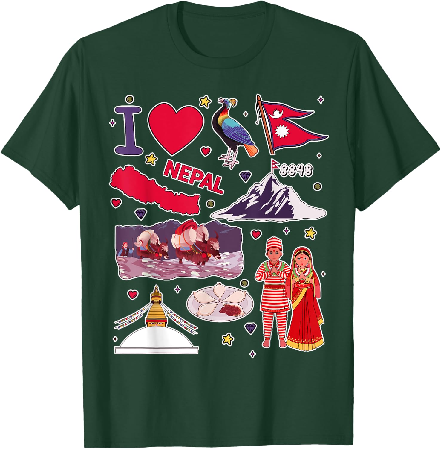 Nepali hand drawn landmarks, Nepal map, cultural icons T-Shirt - T-Shirt | Forest
