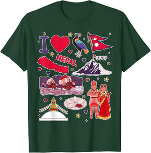 Nepali hand drawn landmarks, Nepal map, cultural icons T-Shirt - T-Shirt | Forest