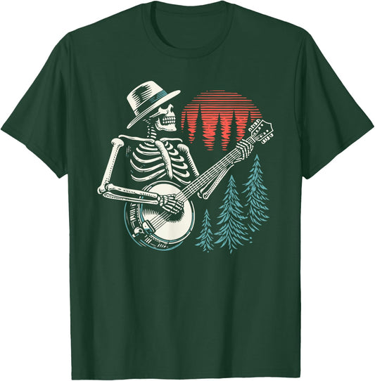 Minimalist Skeleton Skull Banjo Player T-Shirt - T-Shirt | Forest