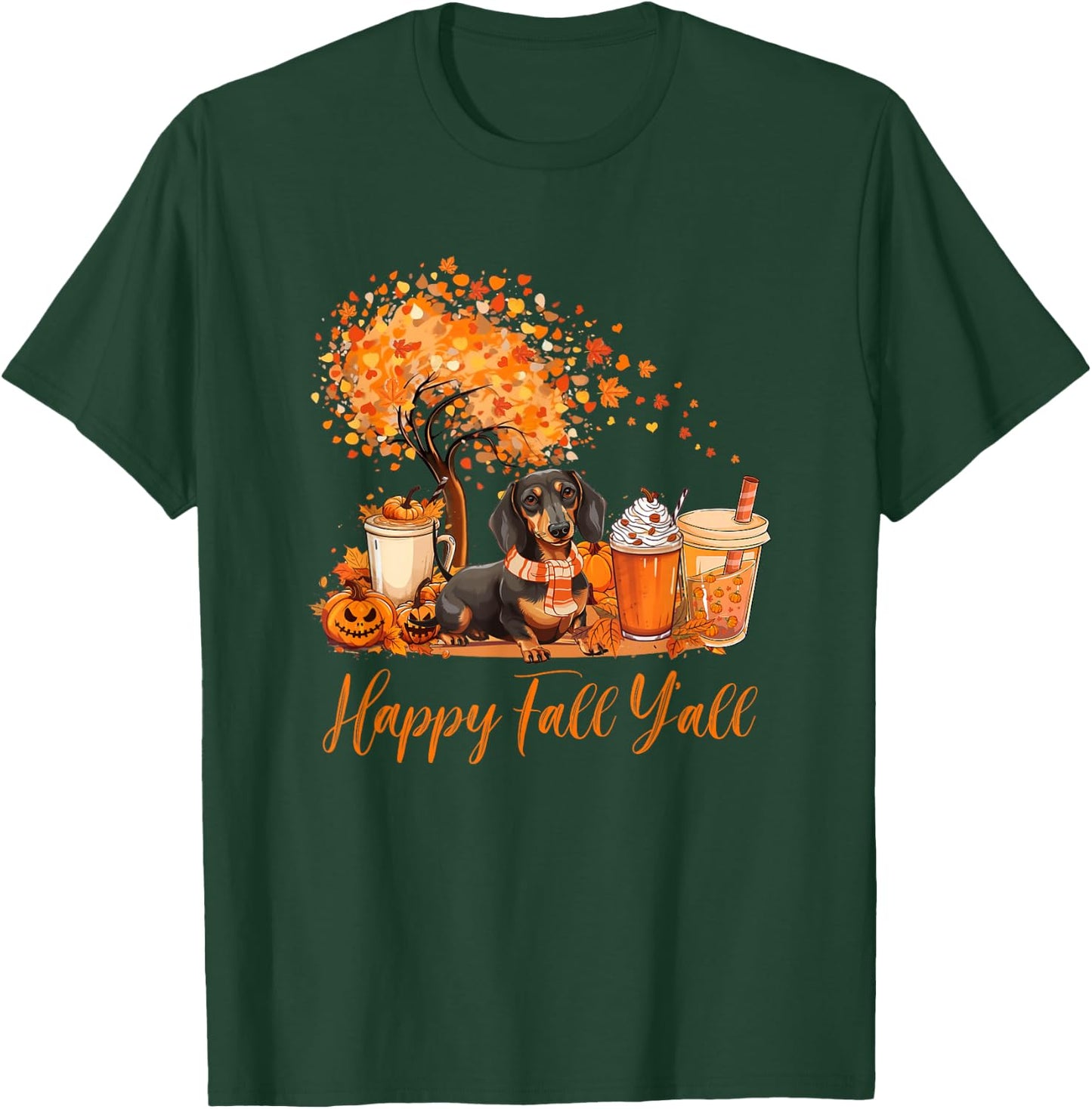 Happy Fall Y'all Dachshund Autumn Pumpkin Spice Latte T-Shirt - T-Shirt | Forest