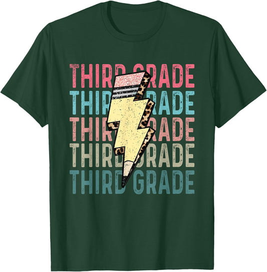 Retro Third Grade Teacher Lightning Bolt Pencil Teacher Kids T-Shirt - T-Shirt | Forest