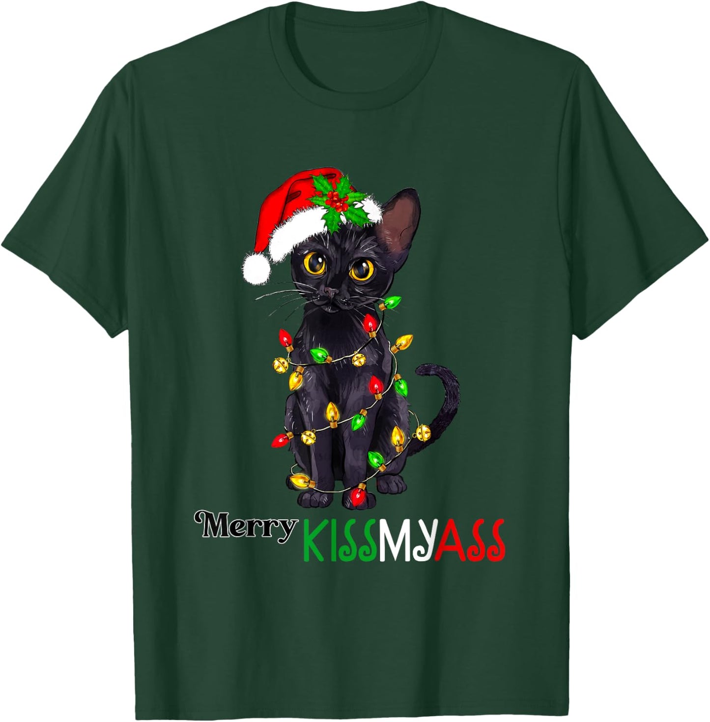 Funny Black Cat Merry Kissmyass Xmas Pajamas Chritsmas Women T-Shirt - T-Shirt | Forest