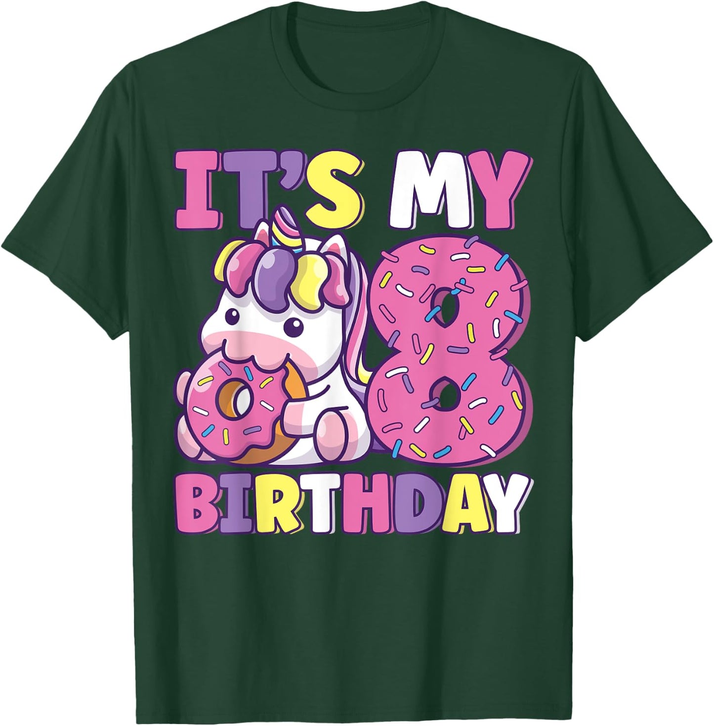 It's My 8th Birthday Party Cute Girls Donut Birthday Unicorn T-Shirt - T-Shirt | Forest
