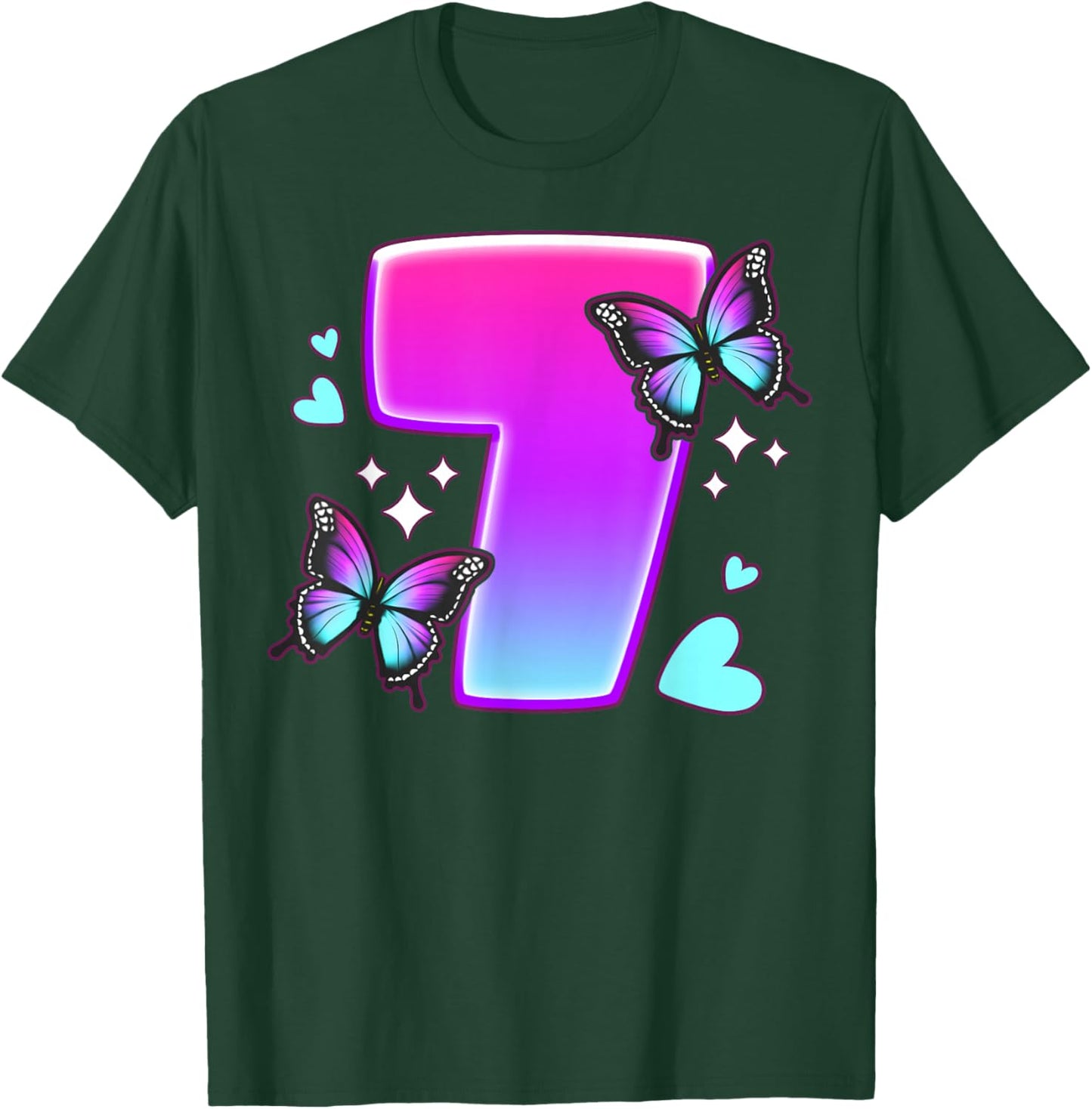 Birthday Girl 7 Years, Butterflies and Number 7 T-Shirt - T-Shirt | Forest