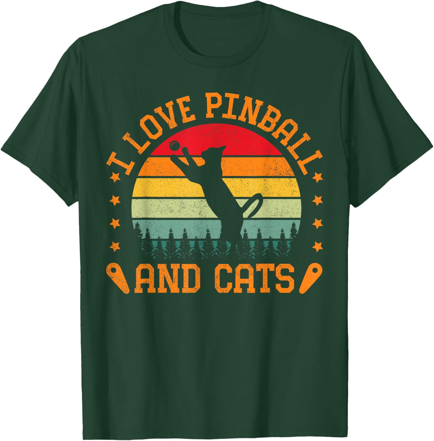 Retro Sunset I Love Pinball And Cats Pinball Machine Gamer T-Shirt - T-Shirt | Forest