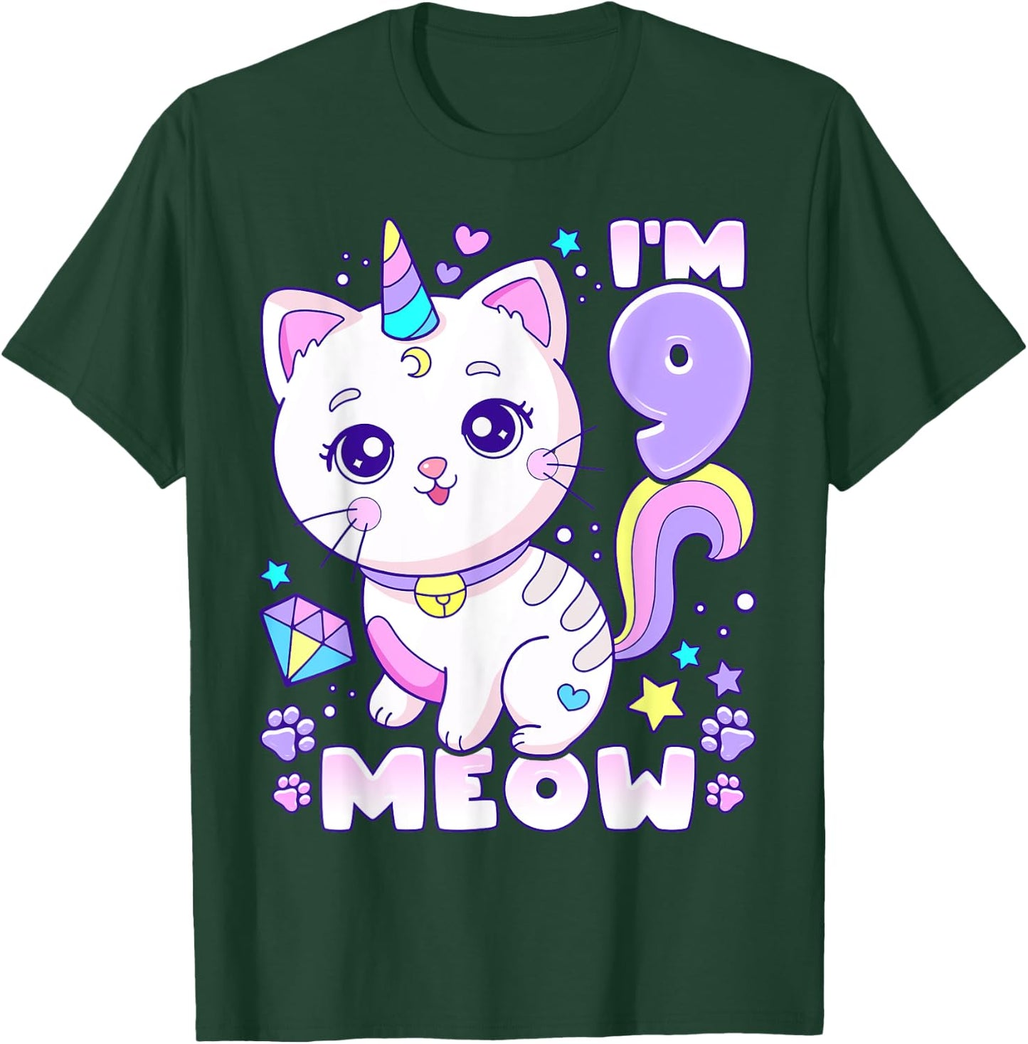 Birthday girl 9 years old, cat, unicorn, 9th birthday T-Shirt - T-Shirt | Forest