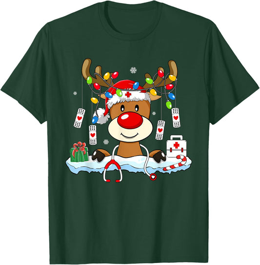 Family Christmas Shirts Gift Ideas Nurse Christmas Reindeer Stethoscope Nursing Matching Xmas T-Shirt - T-Shirt | Forest