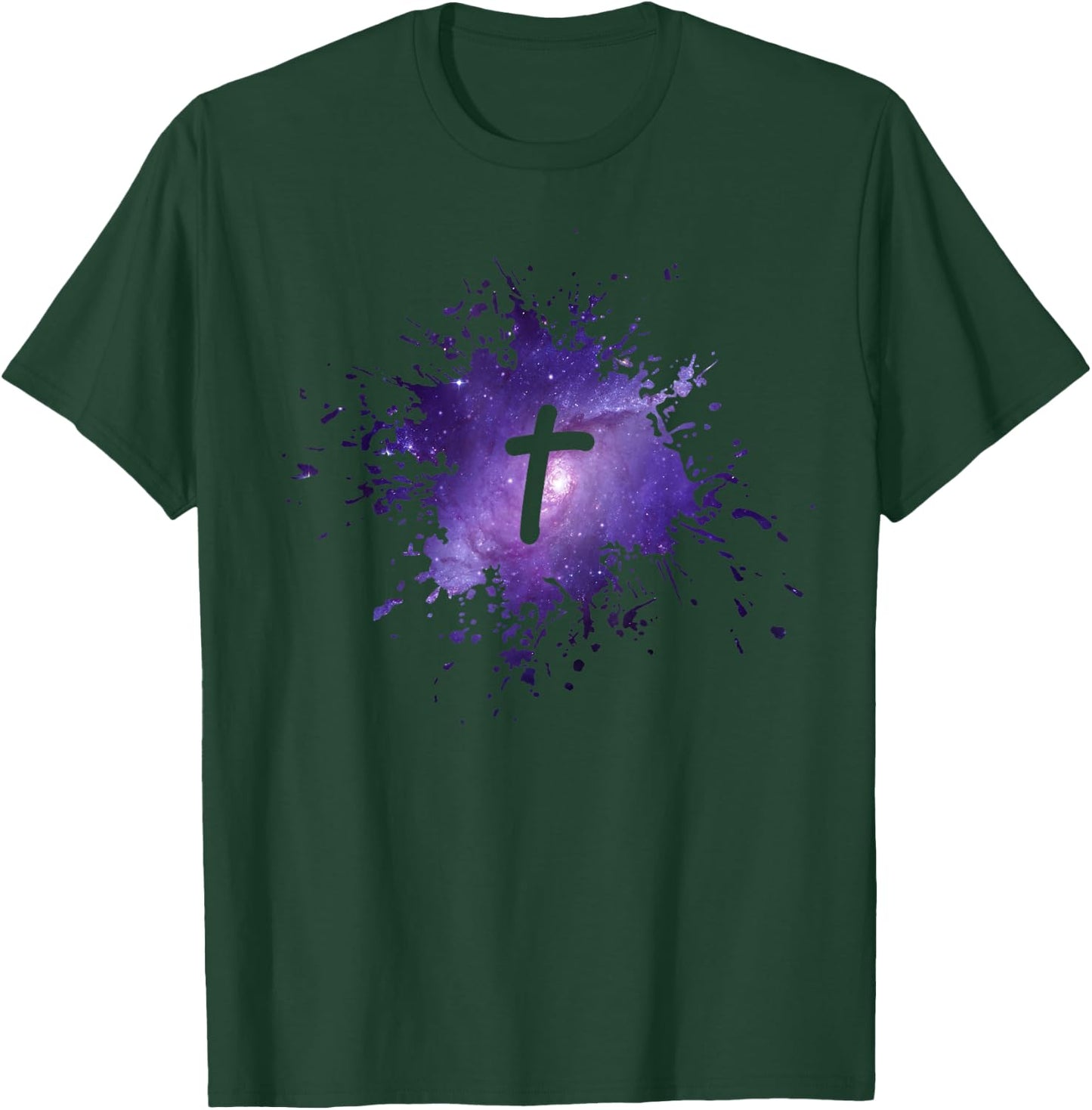 Purple Galaxy Splatter Design with Cross Christian Men Women T-Shirt - T-Shirt | Forest