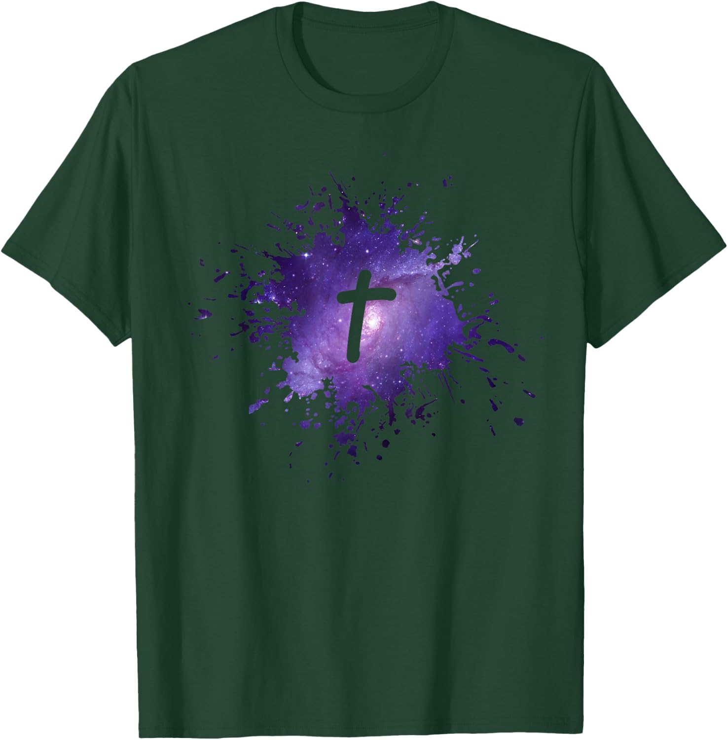 Purple Galaxy Splatter Design with Cross Christian Men Women T-Shirt - T-Shirt | Forest