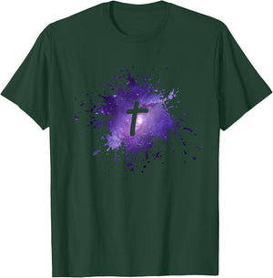 Purple Galaxy Splatter Design with Cross Christian Men Women T-Shirt - T-Shirt | Forest