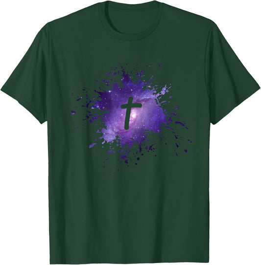 Purple Galaxy Splatter Design with Cross Christian Men Women T-Shirt - T-Shirt | Forest