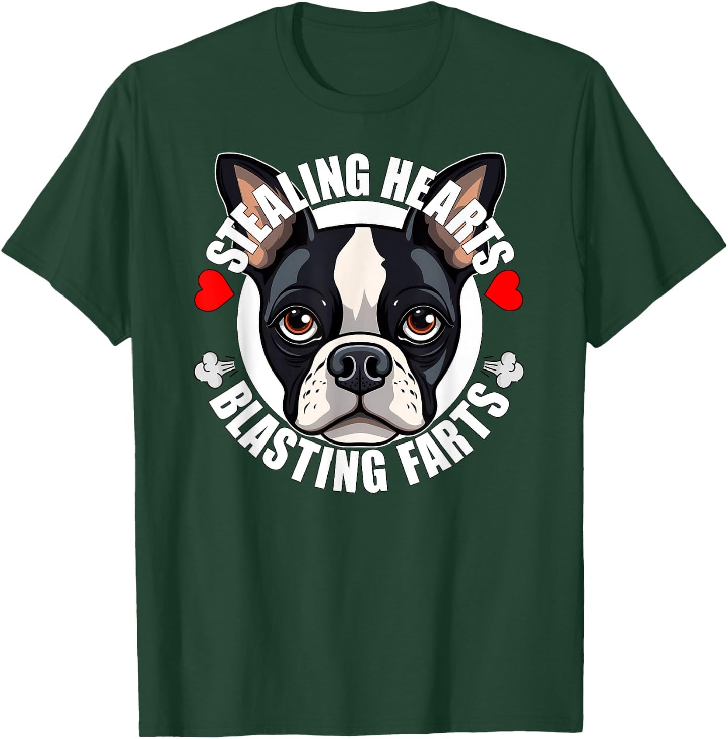 Funny Boston Terrier Stealing Hearts Blasting Farts Cute Dog Men Women Girls Kids T-Shirt - T-Shirt | Forest
