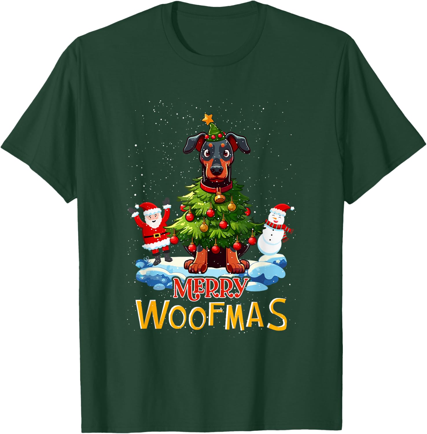 Doberman Merry Christmas Tree Lights Dog X-Mas Dogs T-Shirt - T-Shirt | Forest