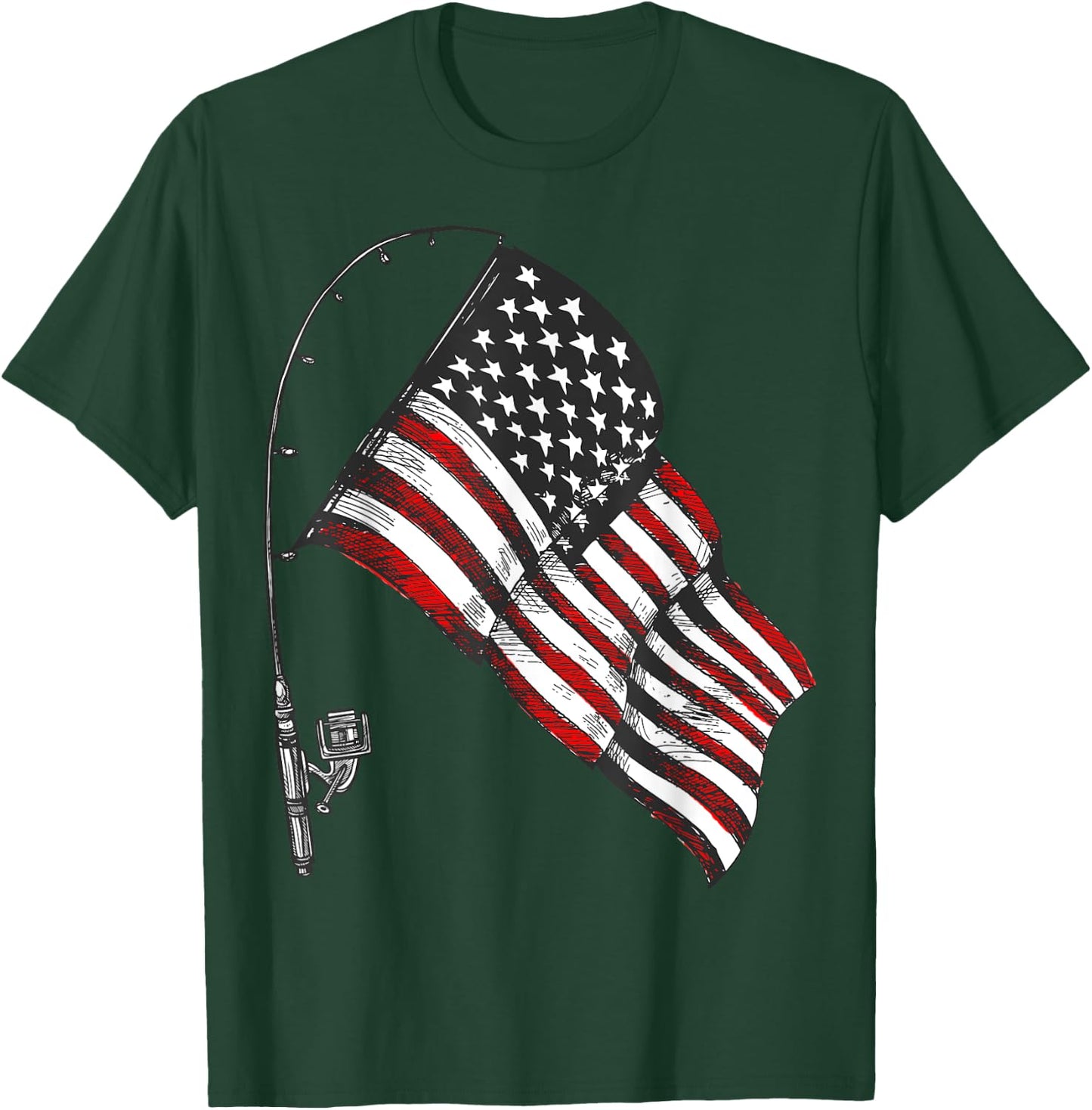 Vintage American Flag Fishing Rod Fishing Lover Fisherman T-Shirt - T-Shirt | Forest