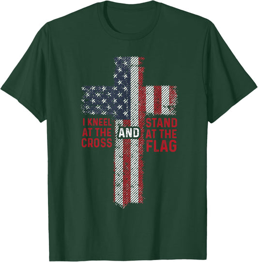 I Kneel At The Cross Stand At The Flag Christian 4th of July Women Kids Men T-Shirt - T-Shirt | Forest
