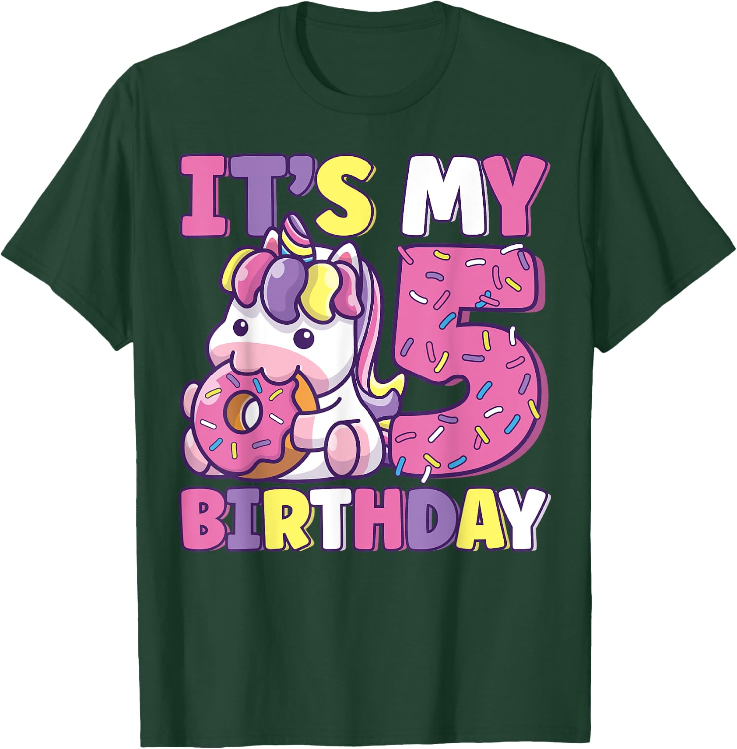 It's My 5th Birthday Party Cute Girls Donut Birthday Unicorn T-Shirt - T-Shirt | Forest