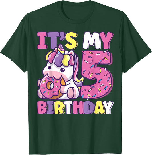 It's My 5th Birthday Party Cute Girls Donut Birthday Unicorn T-Shirt - T-Shirt | Forest