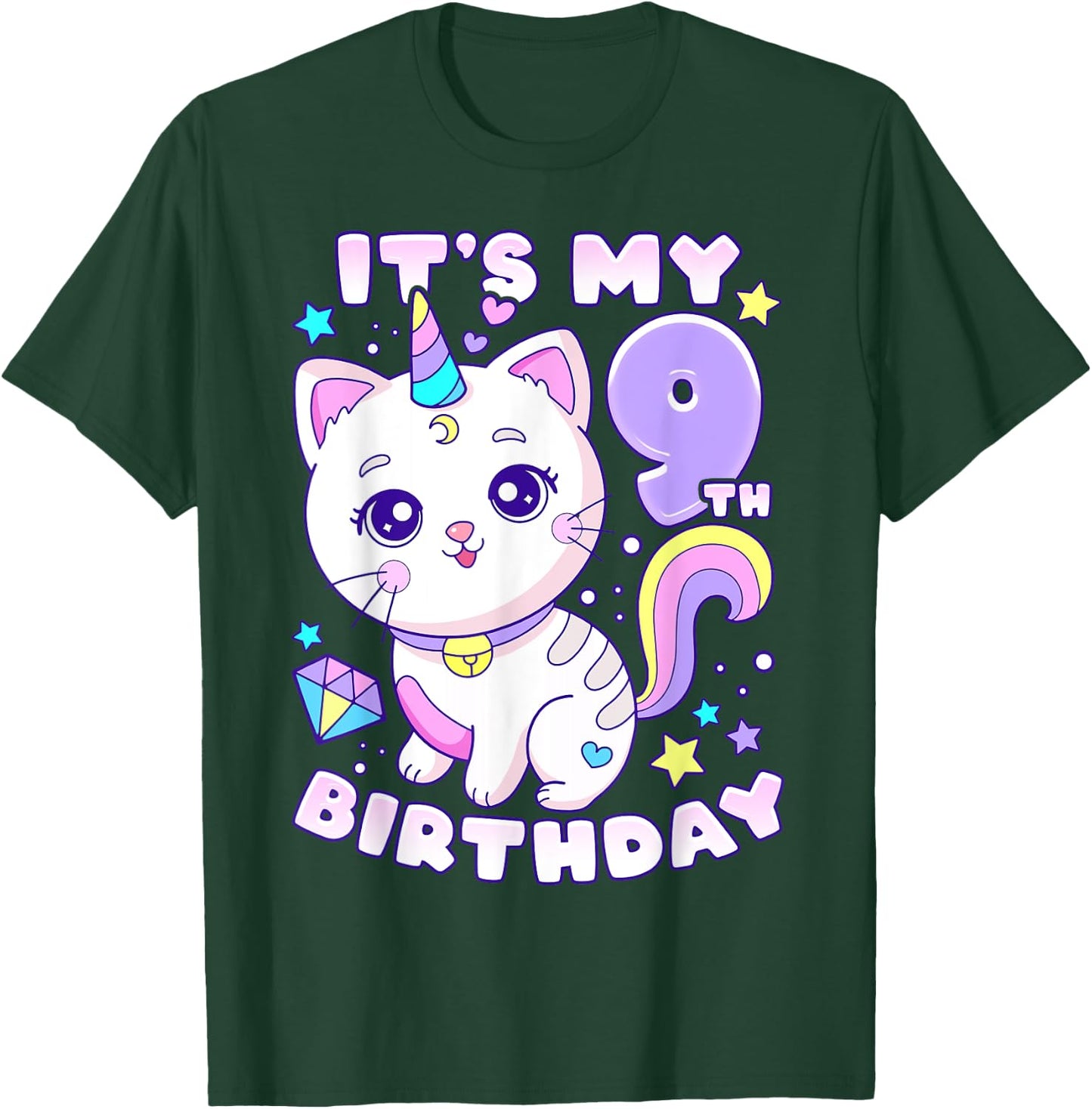 Birthday girl 9 years old, cat, unicorn, 9th birthday T-Shirt - T-Shirt | Forest