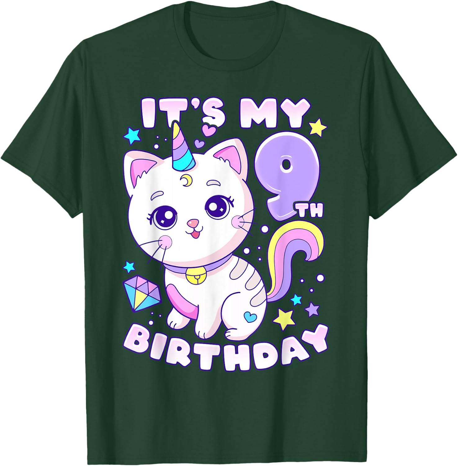 Birthday girl 9 years old, cat, unicorn, 9th birthday T-Shirt - T-Shirt | Forest