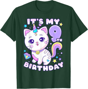 Birthday girl 9 years old, cat, unicorn, 9th birthday T-Shirt - T-Shirt | Forest