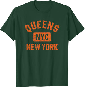 Queens NYC New York Gym Style Distressed Orange Print T-Shirt - T-Shirt | Forest