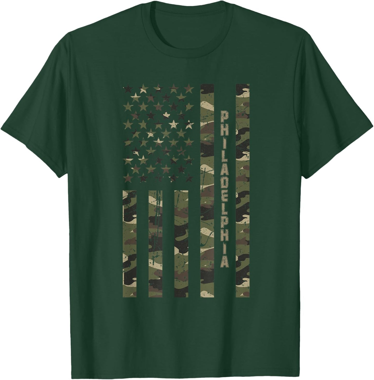 Philadelphia United States Distressed Camo w US Flag T-Shirt - T-Shirt | Forest