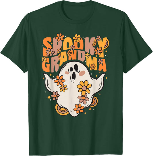 Spooky Grandma Groovy Ghost With Vintage Flowers Halloween T-Shirt - T-Shirt | Forest