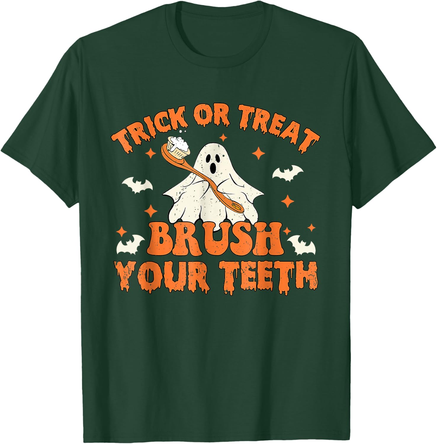 Trick Or Treat Brush Your Teeth Retro Halloween Cute Dentist T-Shirt - T-Shirt | Forest