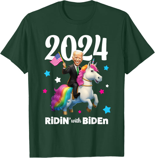 Ridin with Biden 2024 Joe Biden Riding Rainbow Unicorn T-Shirt - T-Shirt | Forest