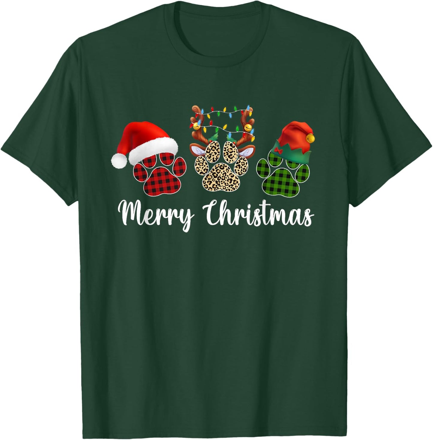 Merry Christmas Dog Paws Buffalo Plaid Leopard Santa Xmas T-Shirt - T-Shirt | Forest
