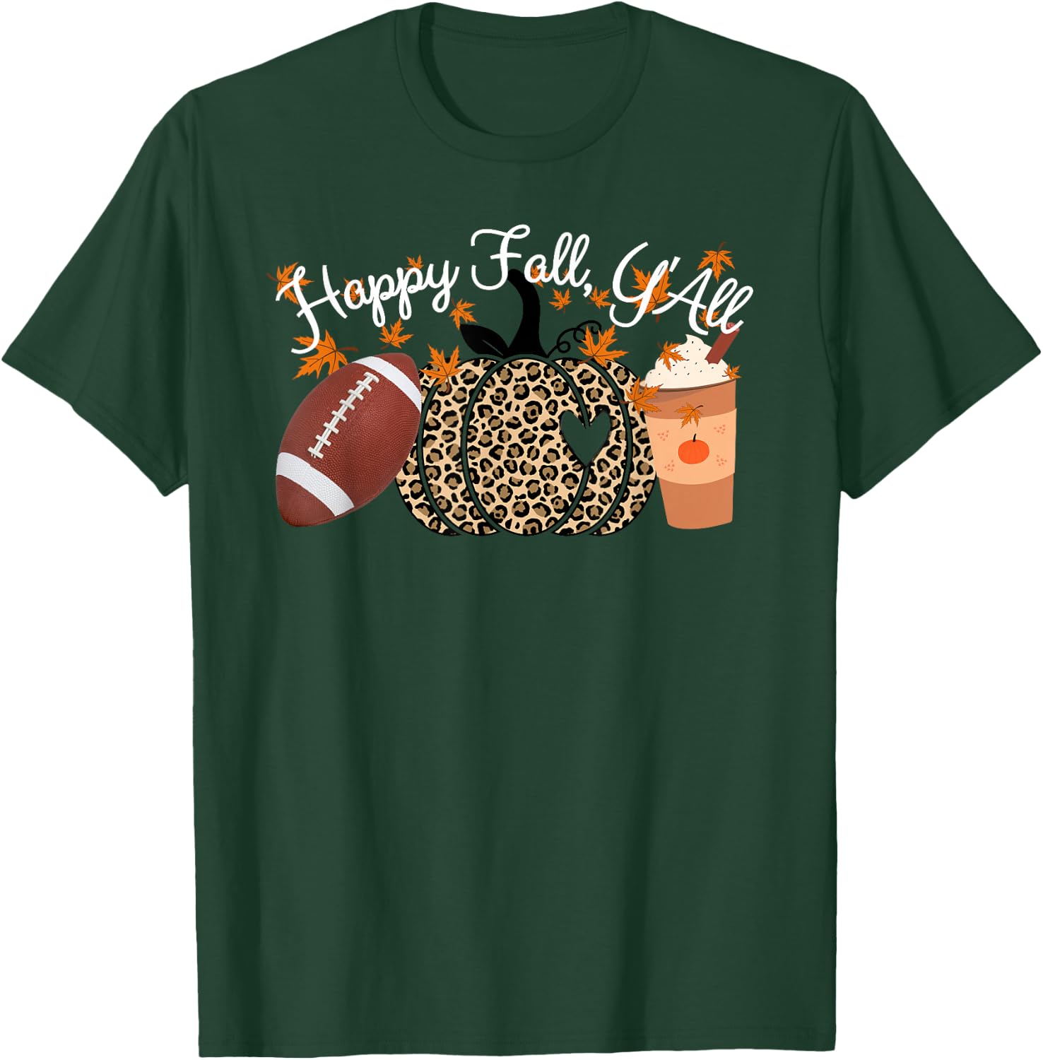 Happy Fall Y'all Leopard print Pumpkins Football and Coffee T-Shirt - T-Shirt | Forest