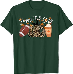 Happy Fall Y'all Leopard print Pumpkins Football and Coffee T-Shirt - T-Shirt | Forest