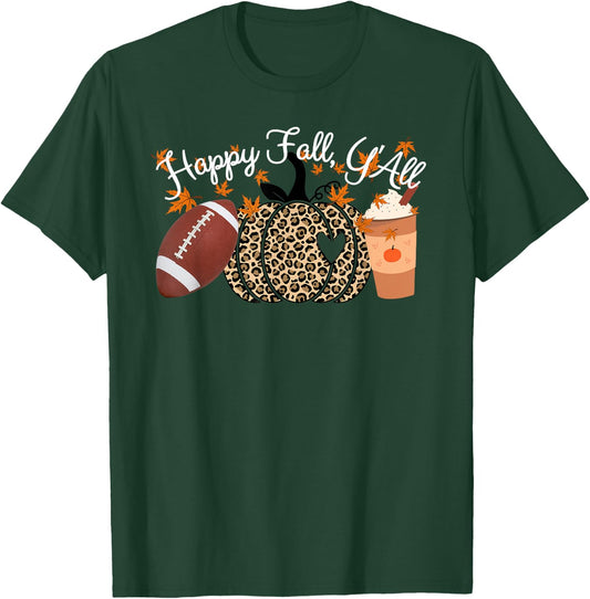 Happy Fall Y'all Leopard print Pumpkins Football and Coffee T-Shirt - T-Shirt | Forest