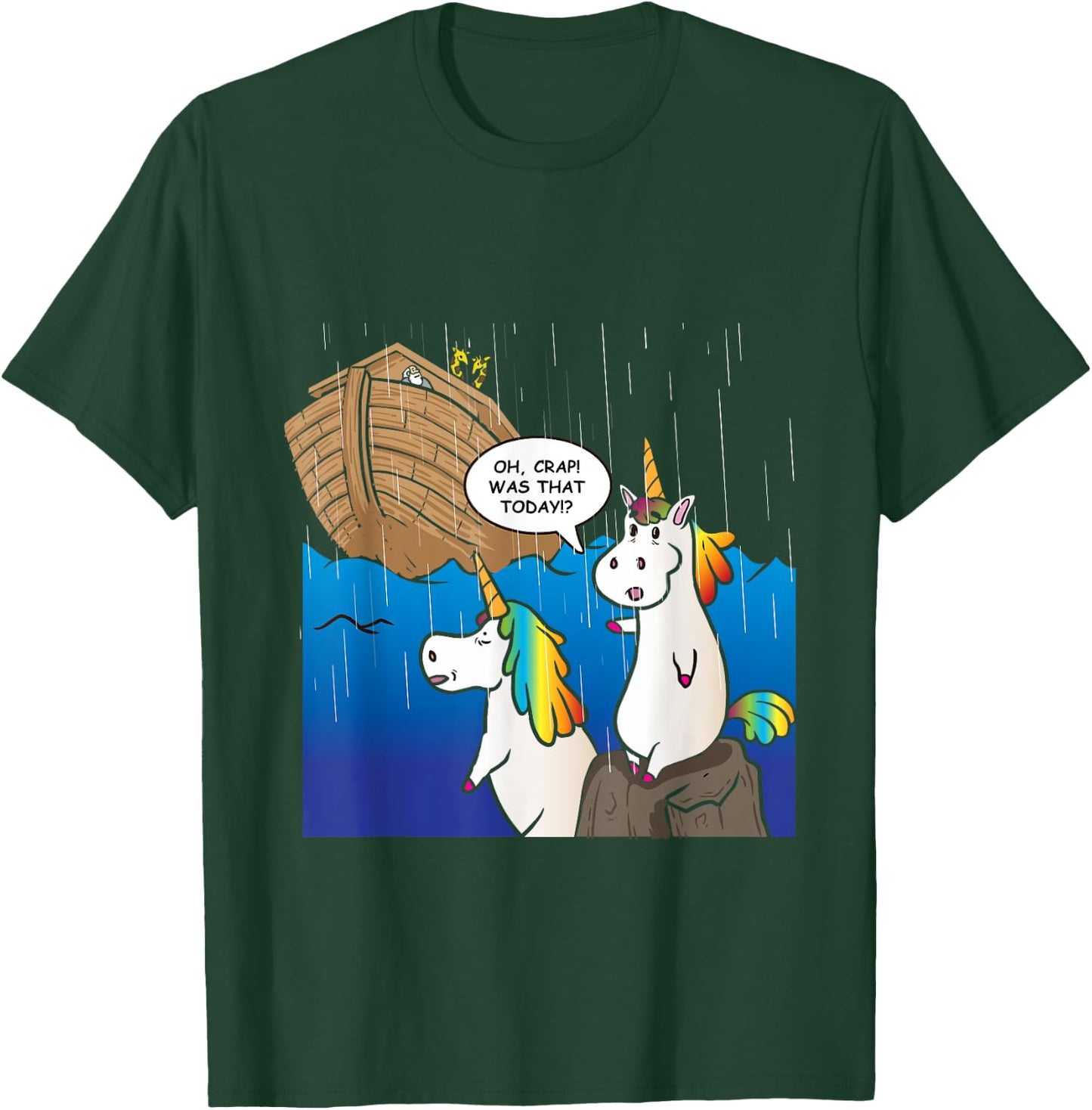 Two Unicorns Missing Ark Noah During Rain Funny Christian T-Shirt - T-Shirt | Forest