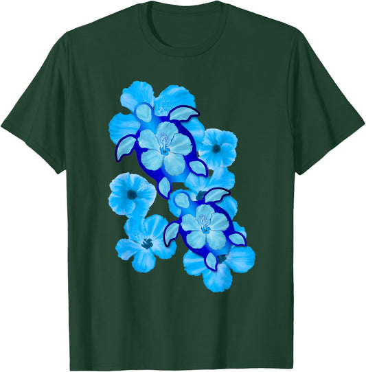 Hawaiian Sea Turtles Hibiscus Flowers T-Shirt - T-Shirt | Forest