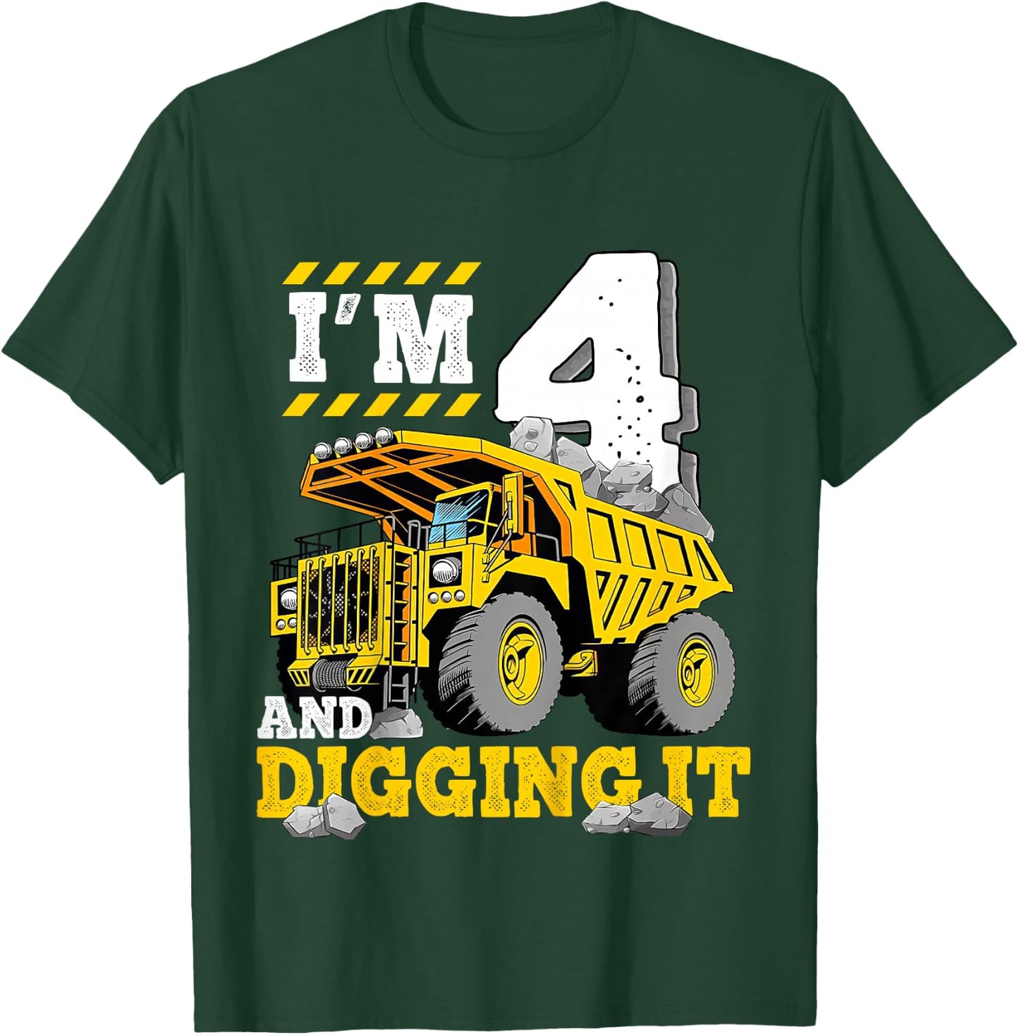 Kids Four 4th Birthday Construction Truck 4yr Boy 4 Years Old T-Shirt - T-Shirt | Forest