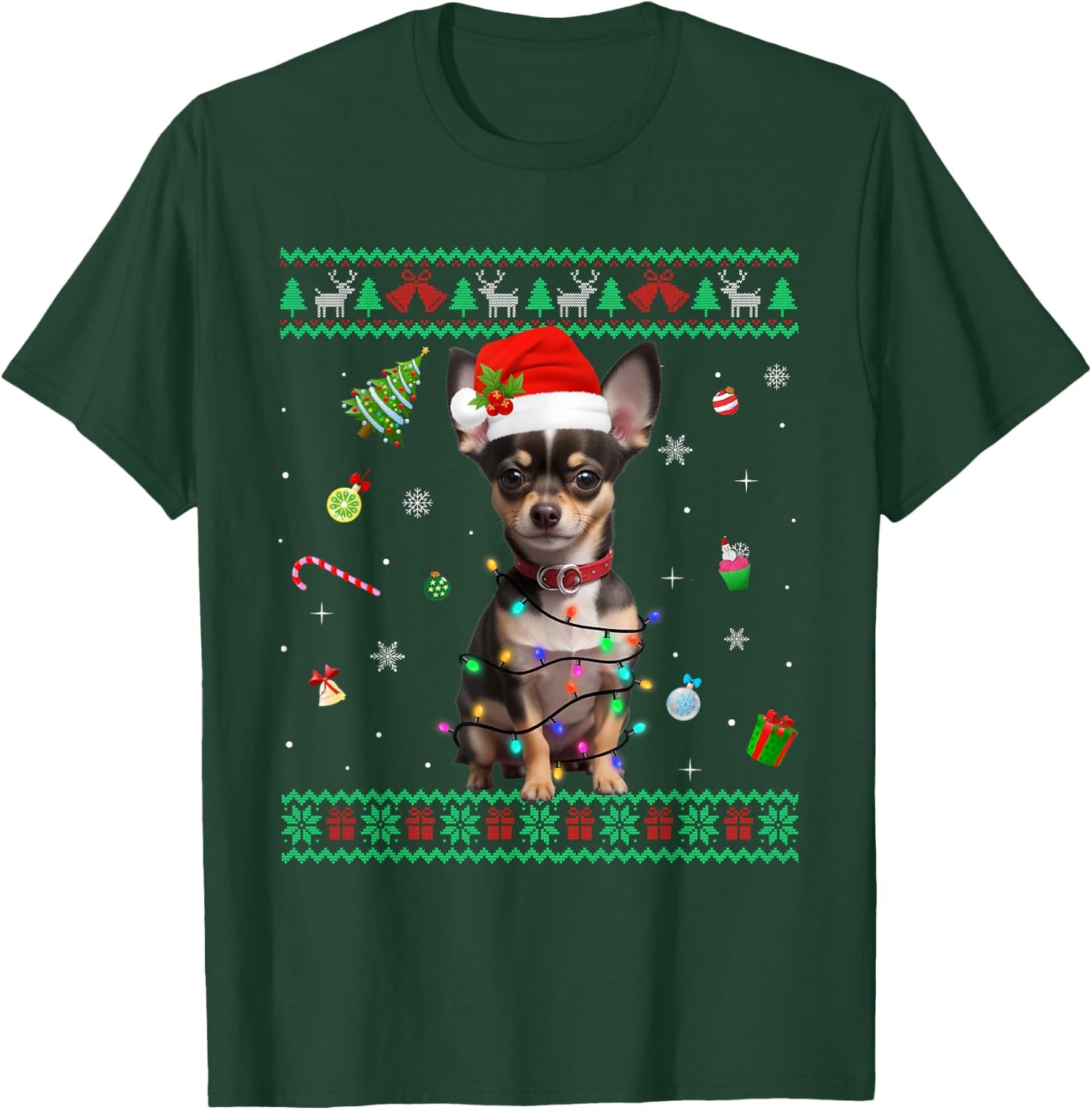 Ugly Sweater Chihuahua Dog Christmas Lights Santa Hat Men Women Kids T-Shirt - T-Shirt | Forest