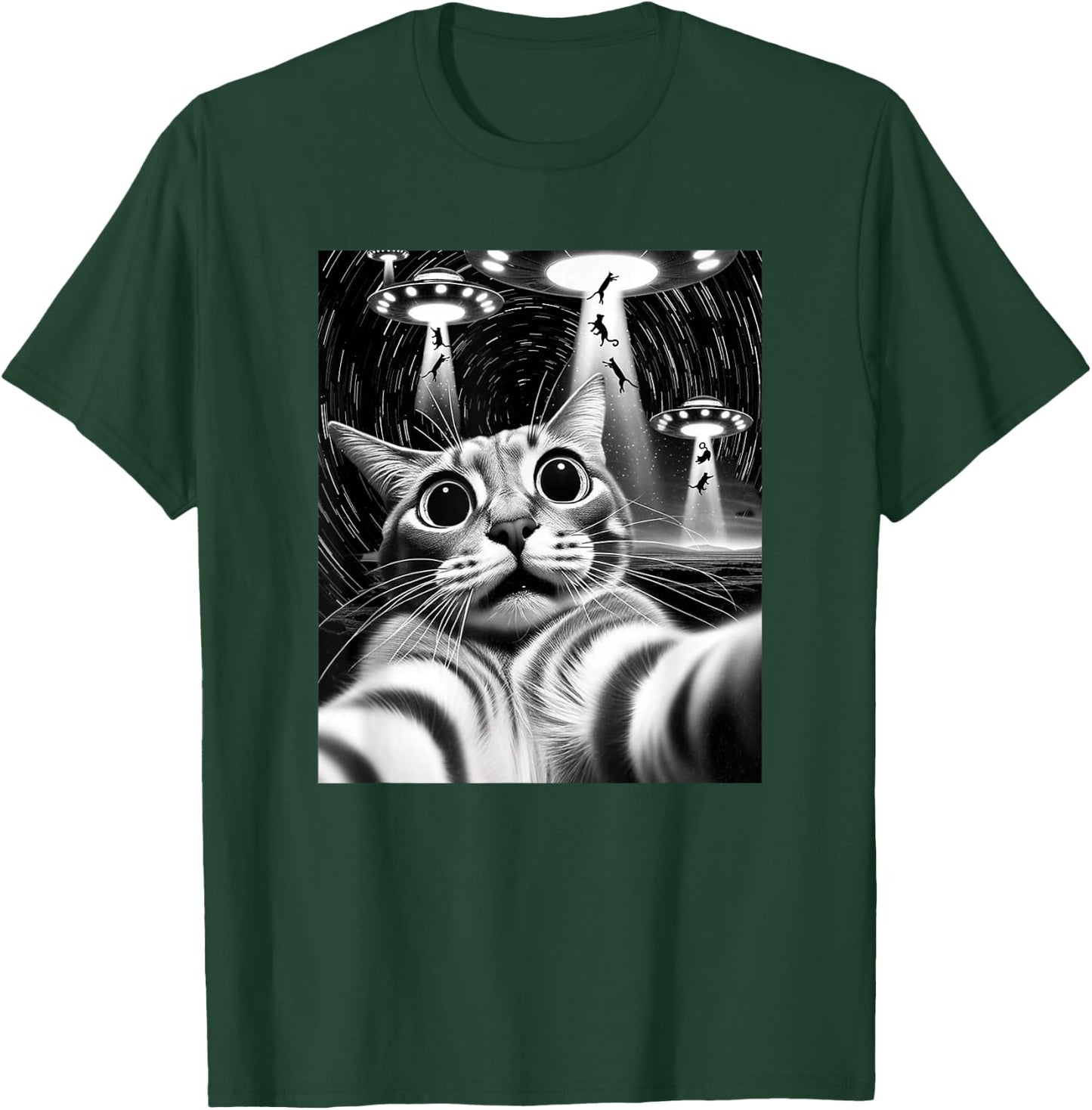 Cat UFO Invasion | Funny Cat Meme Retro Alien Cat UFO Selfie T-Shirt - T-Shirt | Forest