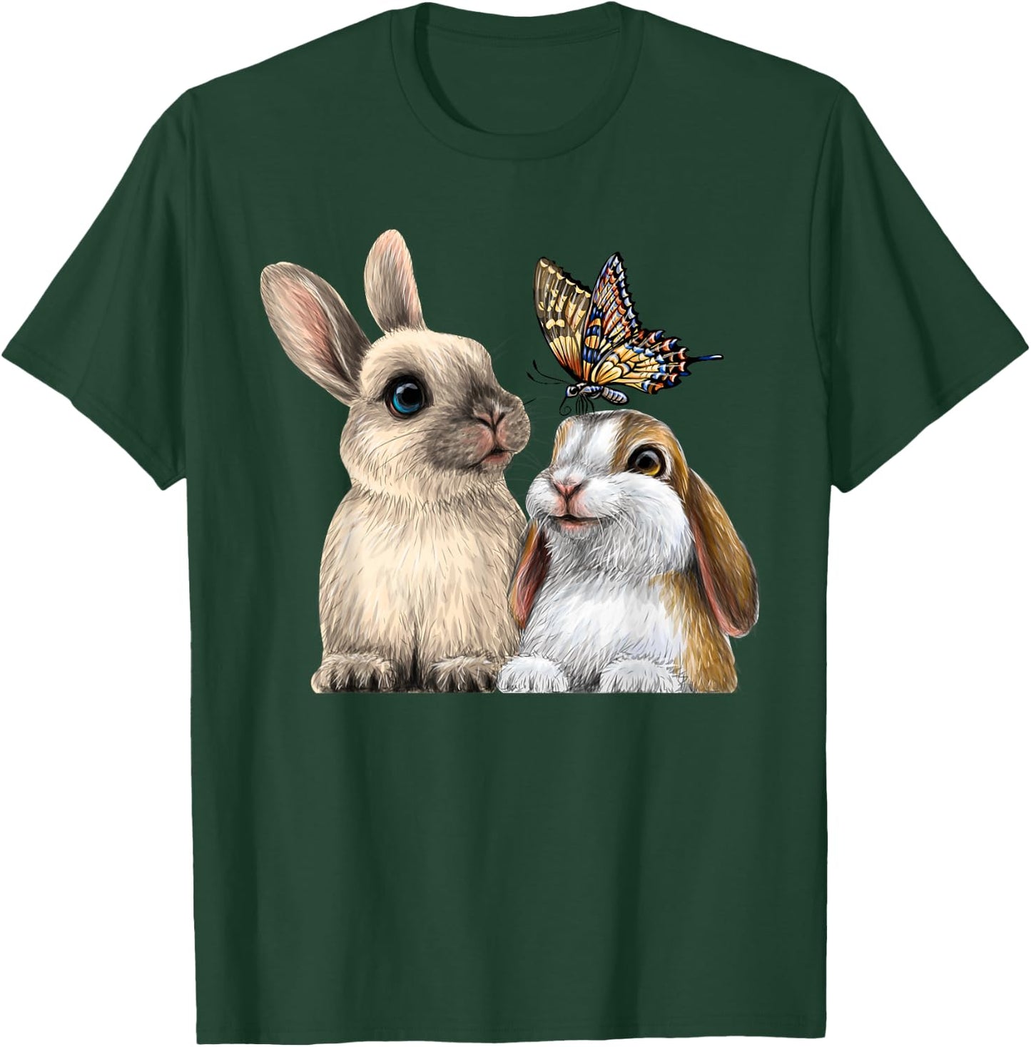 two cute Little rabbits with a butterfly for lovers Bunny T-Shirt - T-Shirt | Forest