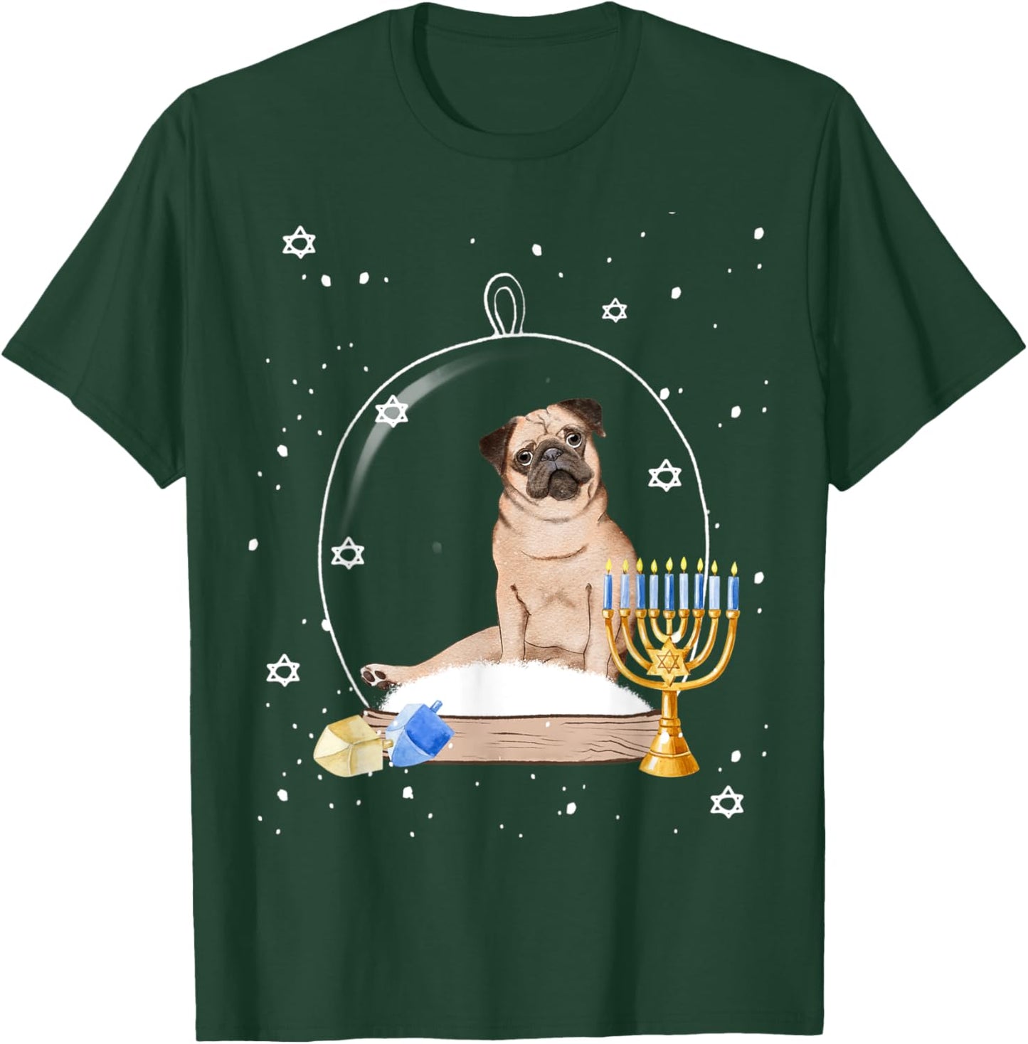 Hanukkah Pug Dog Snow Globe Pajama Women Kids T-Shirt - T-Shirt | Forest