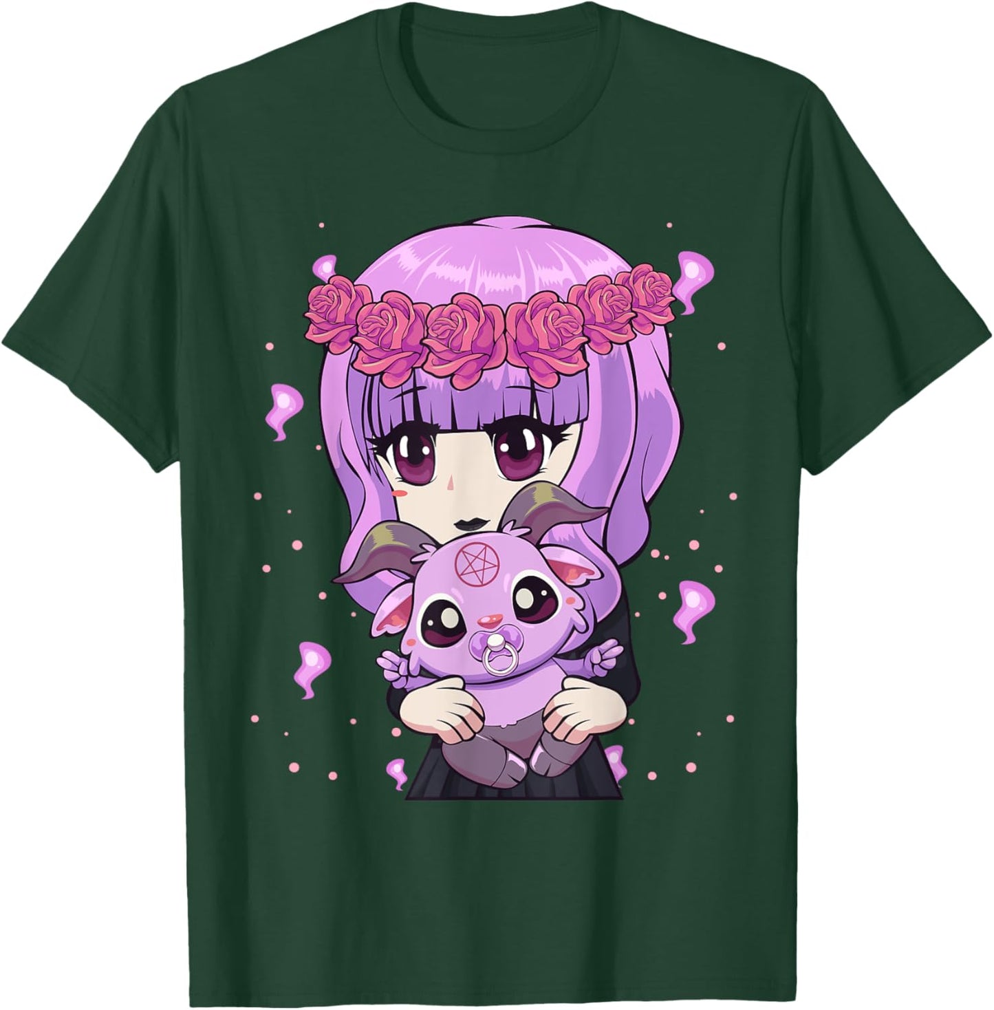 Anime Kawaii Pastel Goth Girl with Cute Baby Baphomet T-Shirt - T-Shirt | Forest