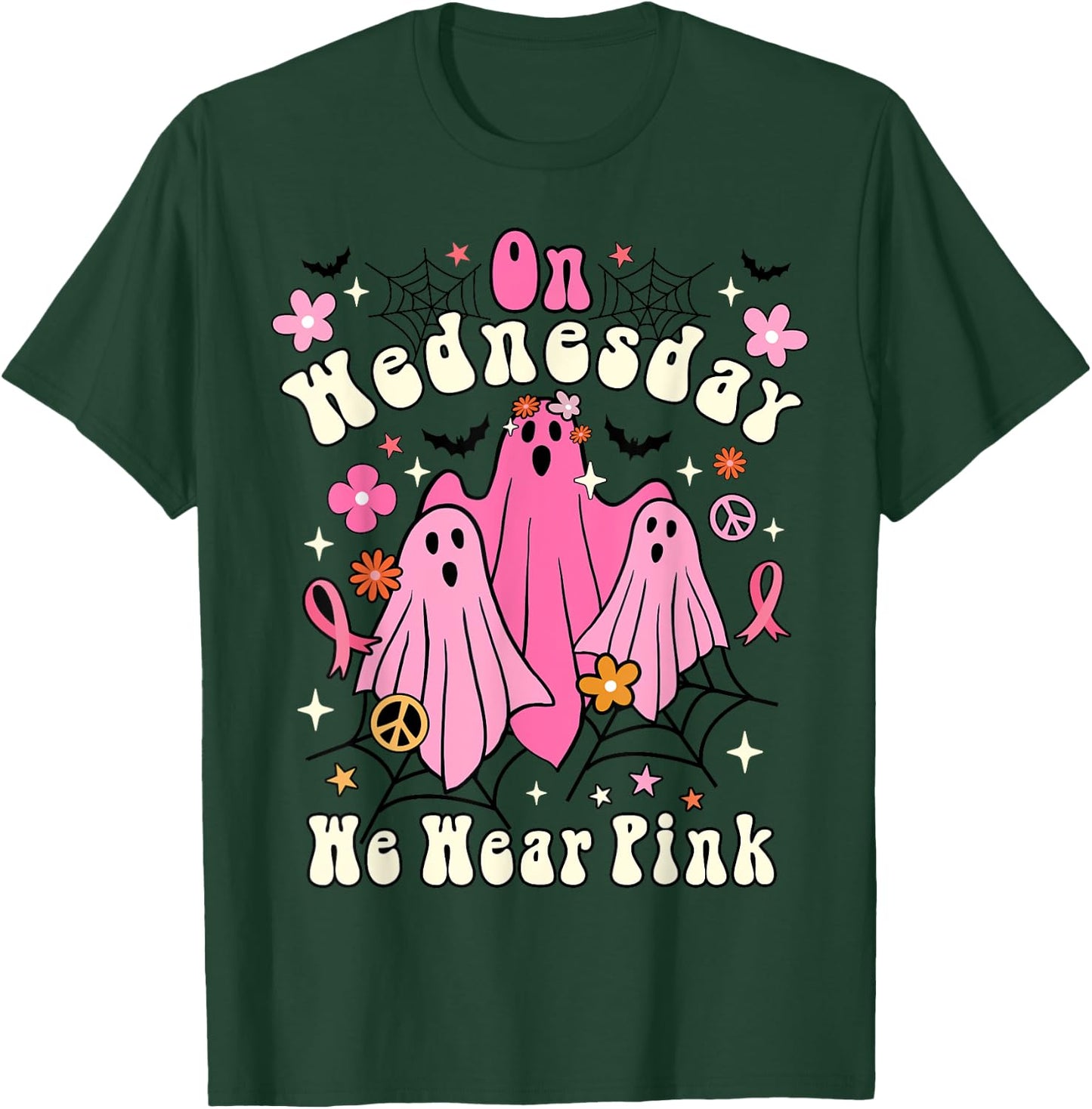 On Wednesday We Wear Pink Ghost Halloween Breast Cancer 2022 T-Shirt - T-Shirt | Forest