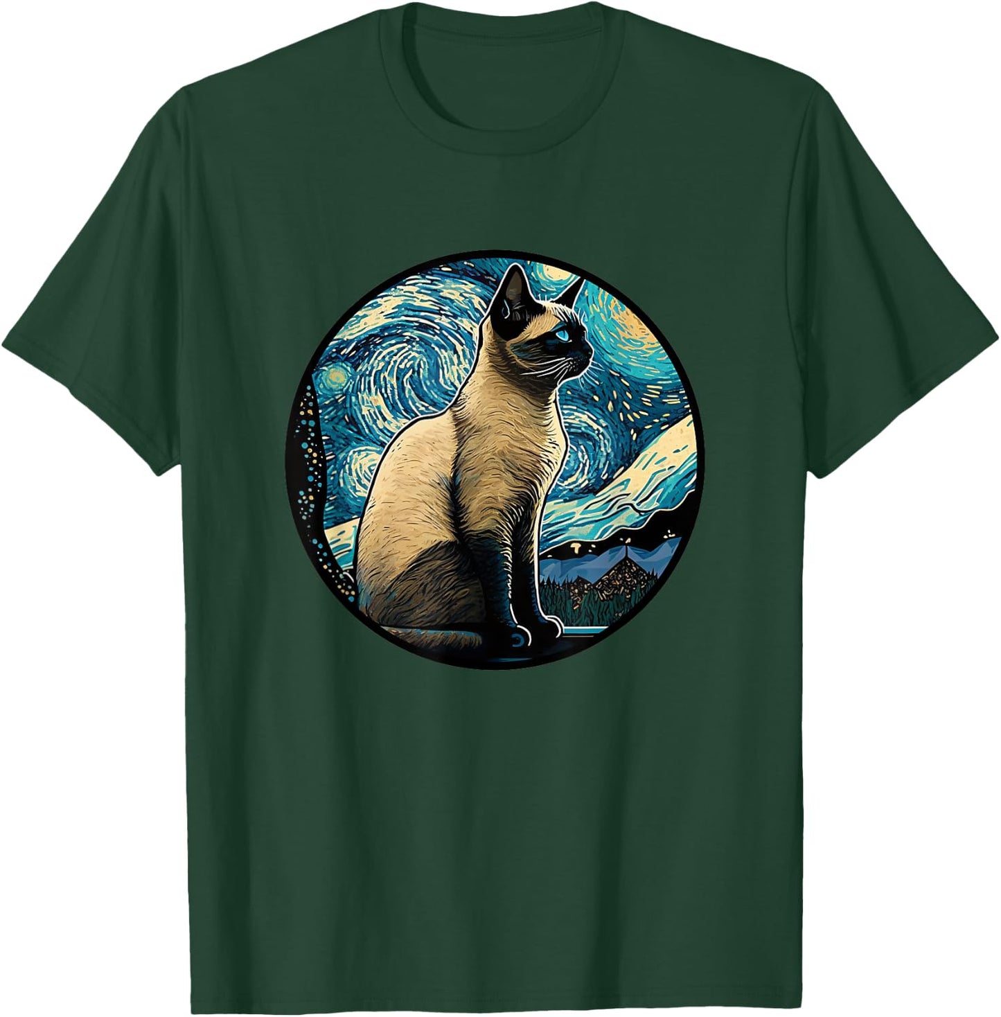 Siamese Cat in Starry Night Painting Men Women Kids T-Shirt - T-Shirt | Forest