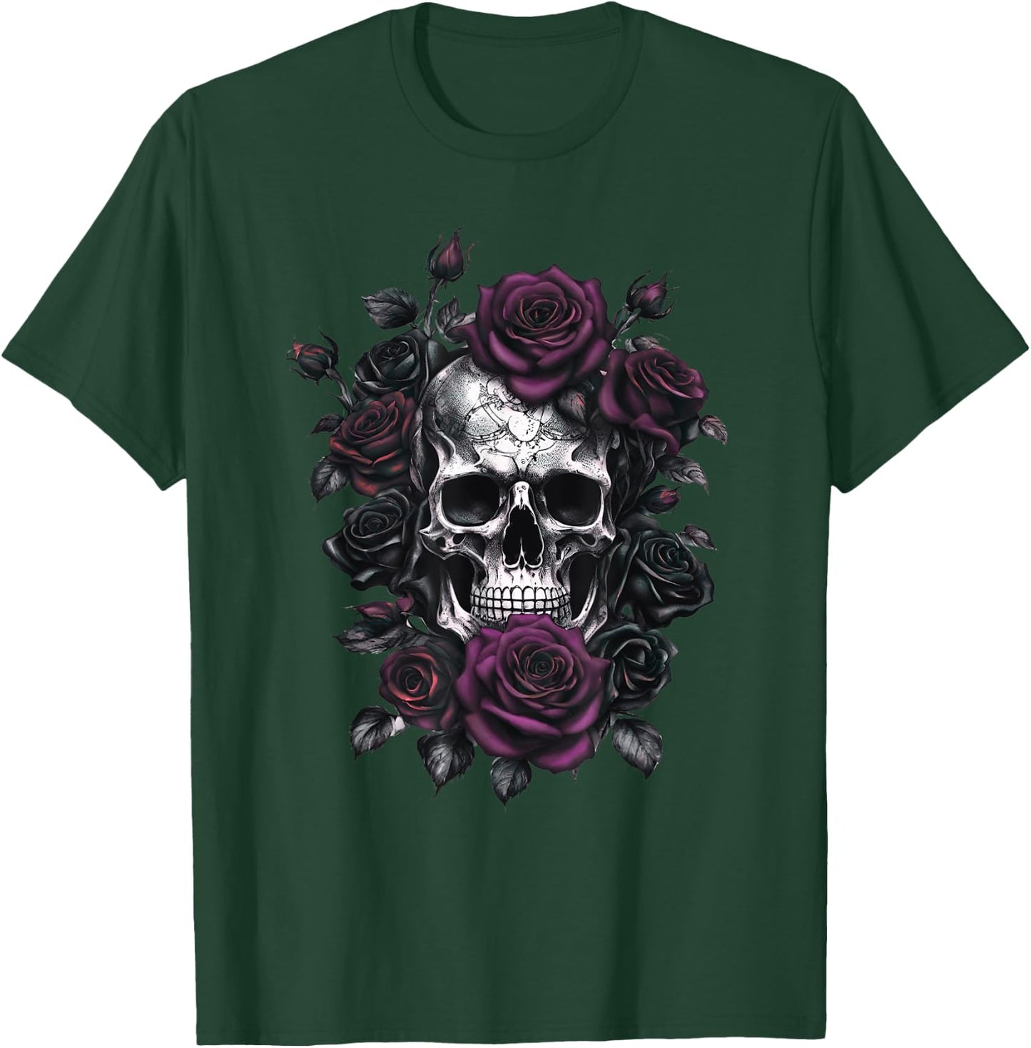Skeleton Metalhead Skulls and Roses Metal Rock Purple Roses T-Shirt - T-Shirt | Forest