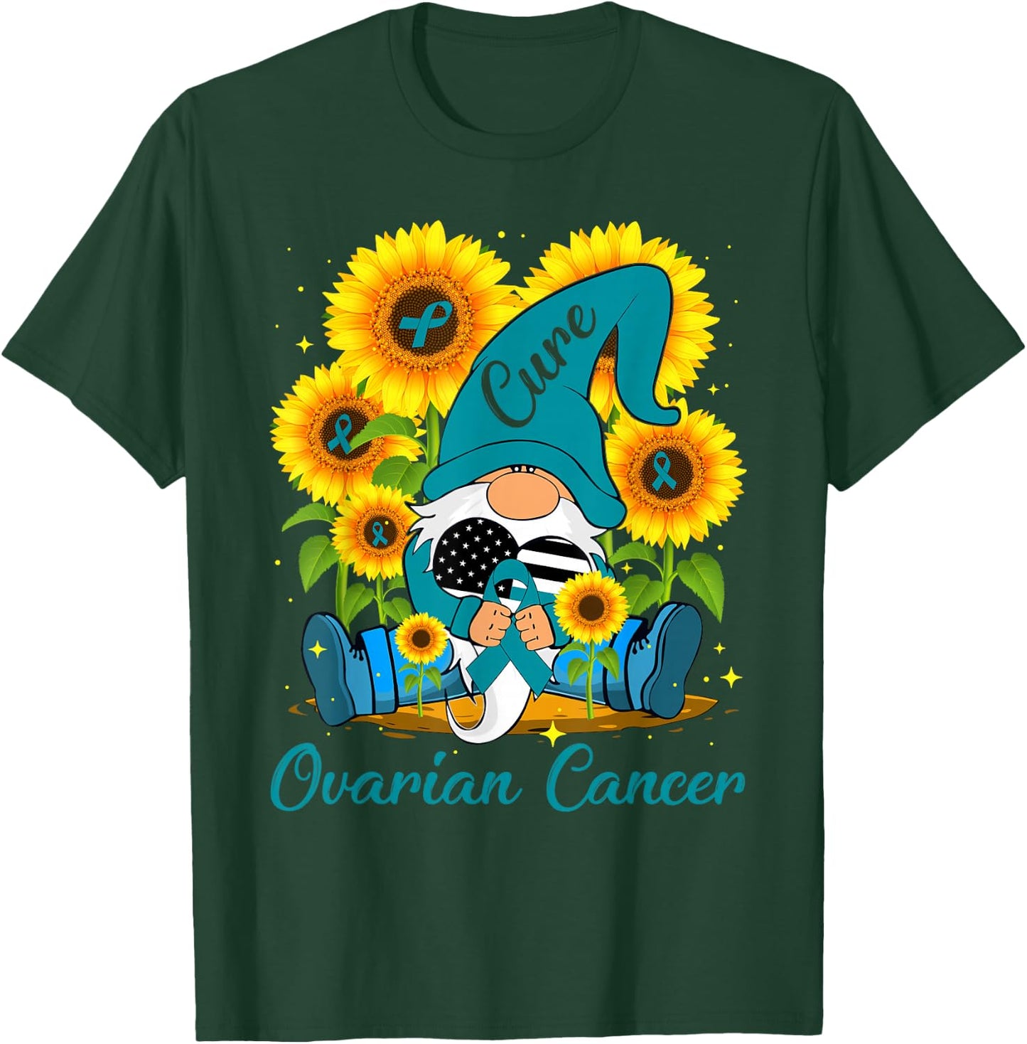 Cure Ovarian Cancer Awareness Day Fighter Gnome Teal Ribbon T-Shirt - T-Shirt | Forest