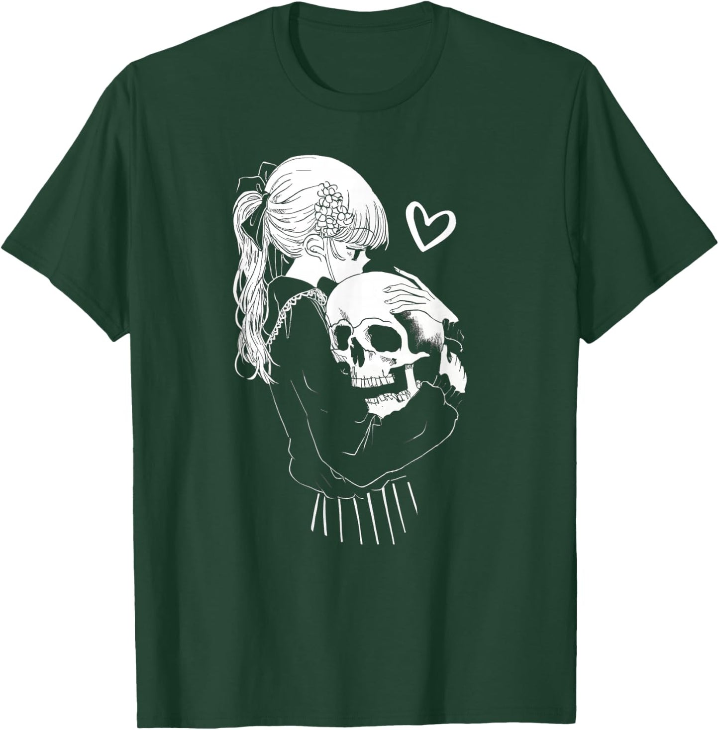 Creepy Cute Anime Schoolgirl Cuddles Skeleton Skull Dark Art T-Shirt - T-Shirt | Forest