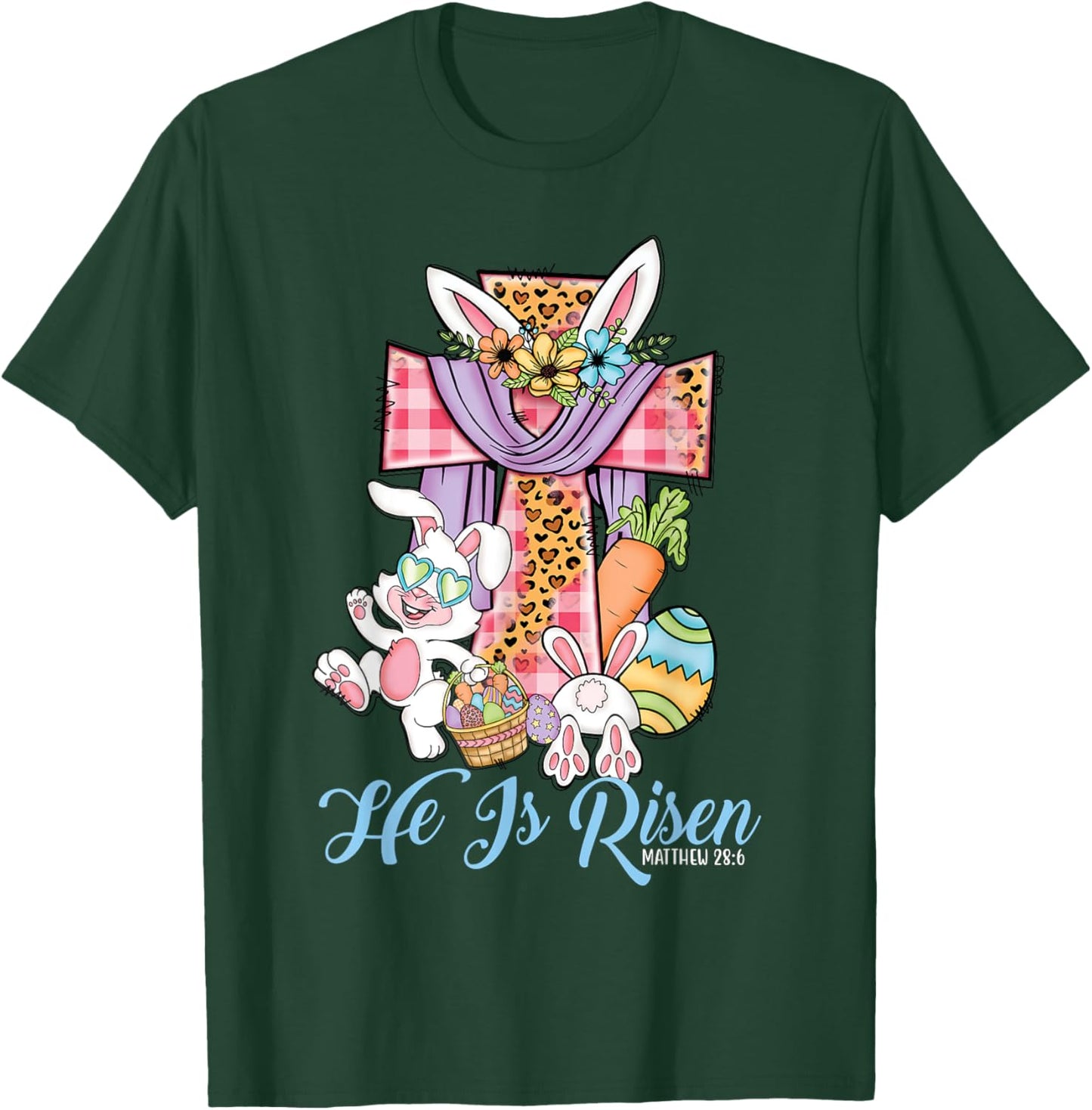 He is Risen Kids Leopard Cross Bunny Happy Easter T-Shirt - T-Shirt | Forest