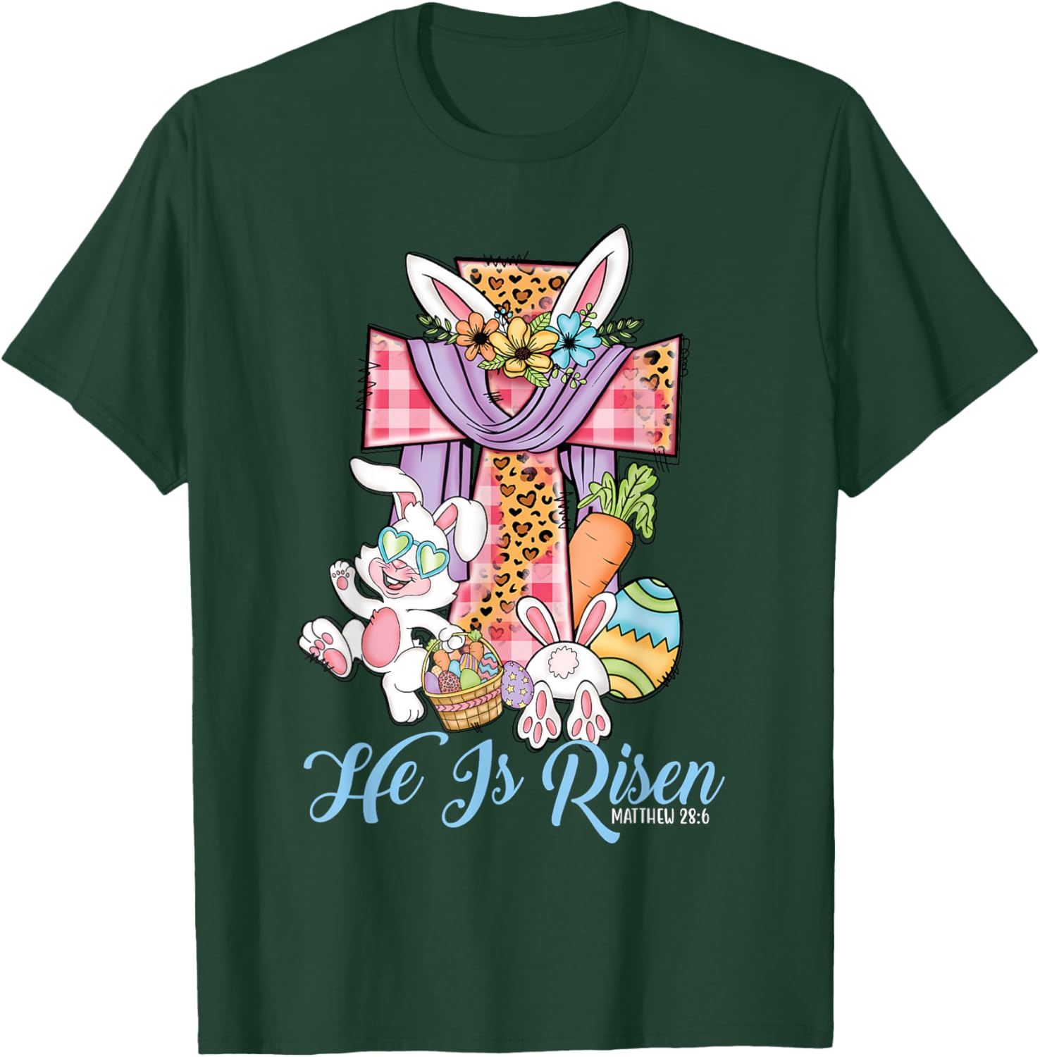 He is Risen Kids Leopard Cross Bunny Happy Easter T-Shirt - T-Shirt | Forest